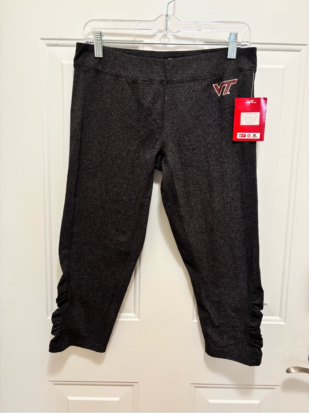 Virginia Tech VT Capri Leggings. Charcoal Gray with Ruched Hems